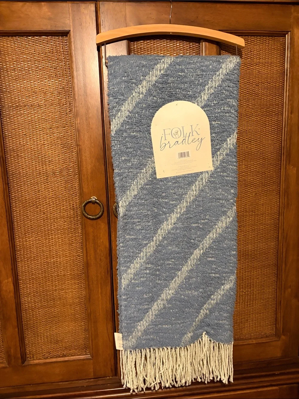 Blue Stripe Knit Throw with Fringe